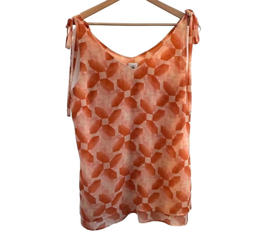 Cabi Large Orange & Pink Pinwheel Layered Sleeveless Top with Tie Details